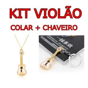 Kit Violão / Guitarra Colar + Chaveiro Dourado